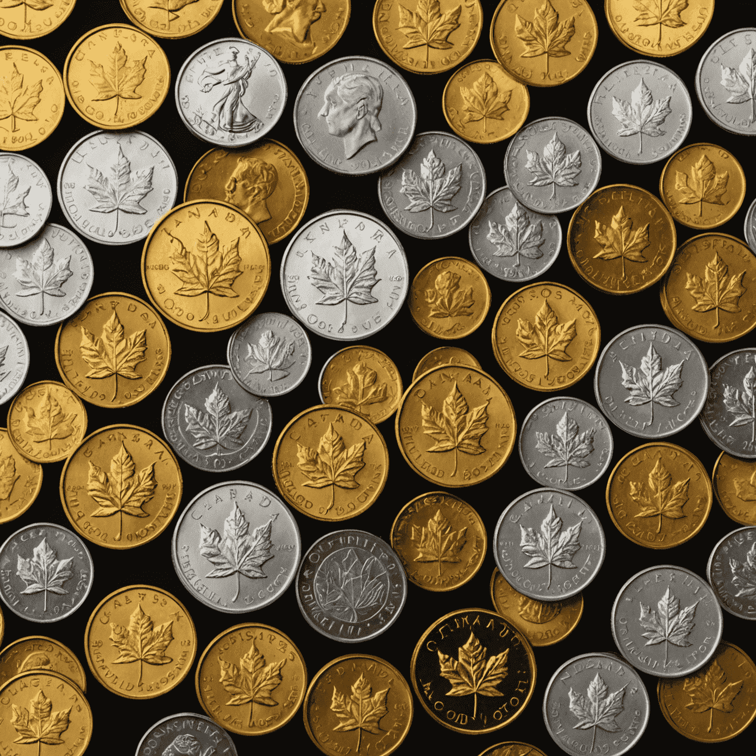 A collection of various gold and silver coins, including American Eagles, Canadian Maple Leafs, and South African Krugerrands