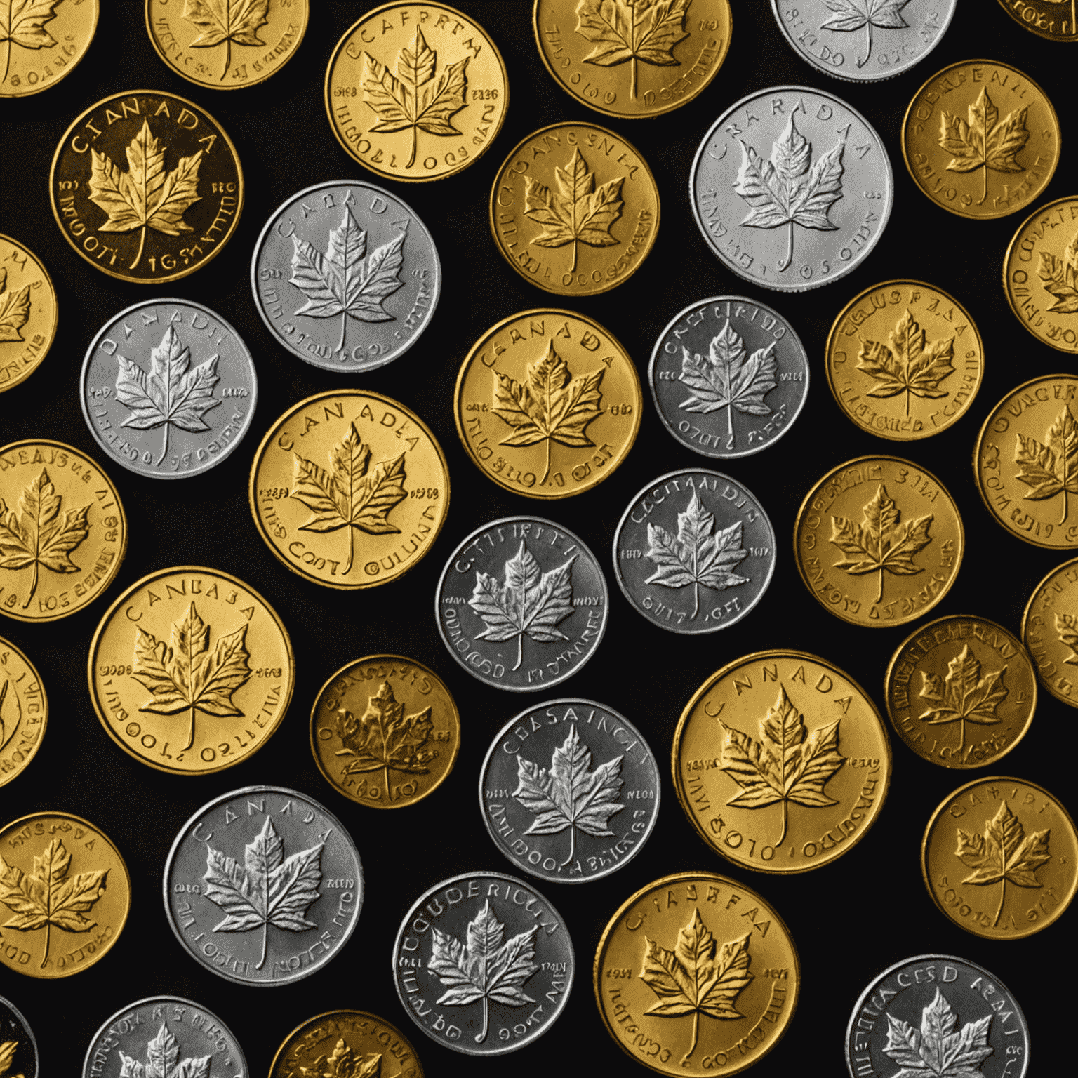 A collection of various gold and silver coins, including American Eagles, Canadian Maple Leafs, and South African Krugerrands, arranged on a dark background.