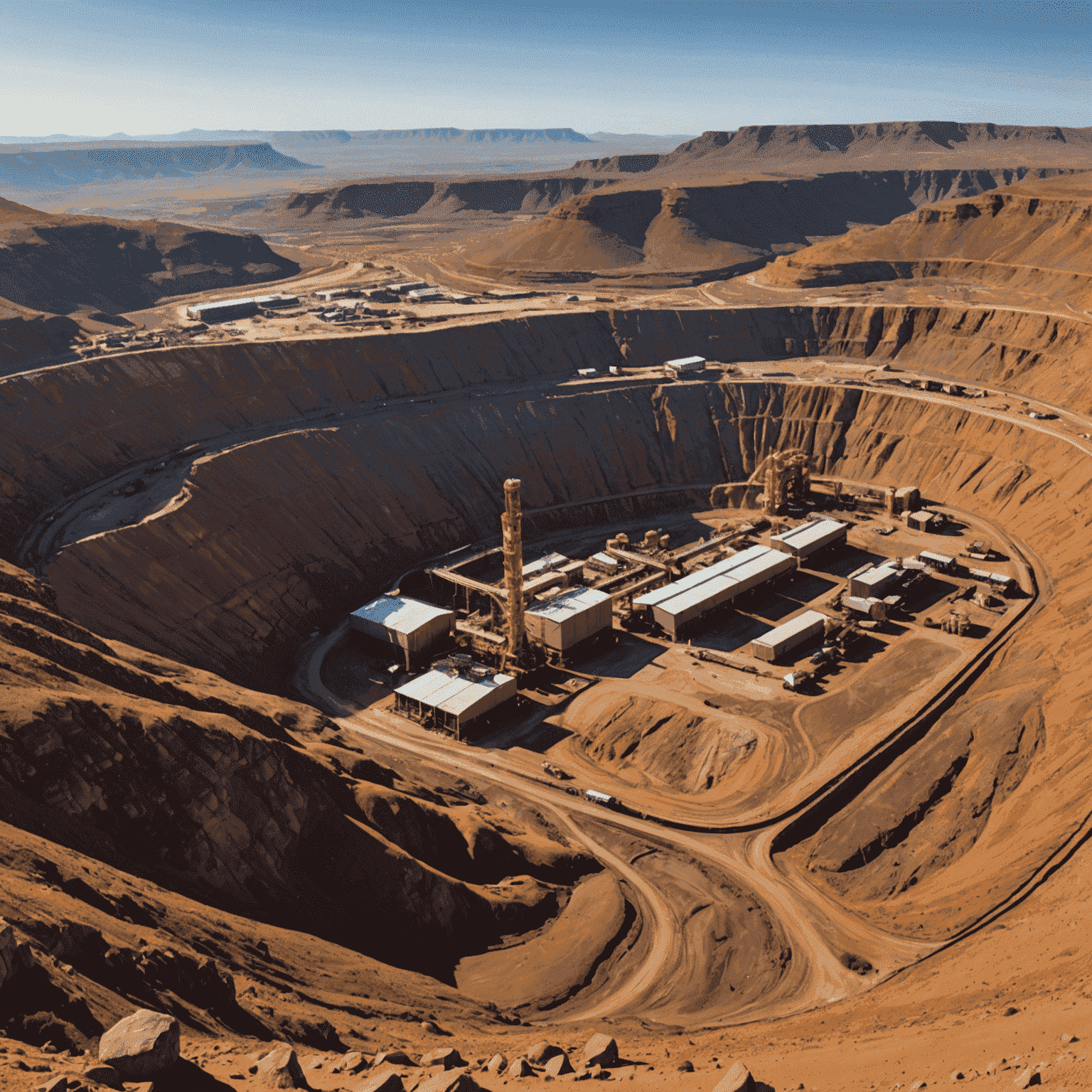 A panoramic view of a gold mine in South Africa, showcasing the vast scale of the mining operation and the rugged terrain surrounding it.