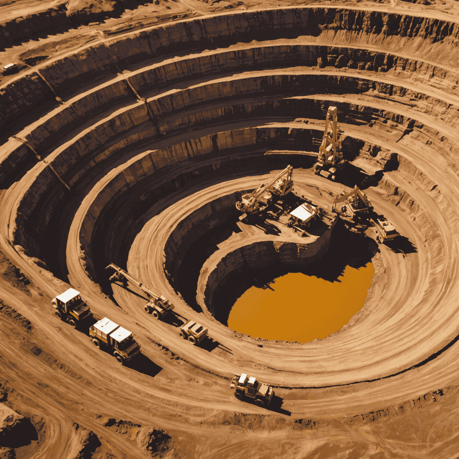 Aerial view of a large open-pit gold mine in South Africa, with heavy machinery and workers visible