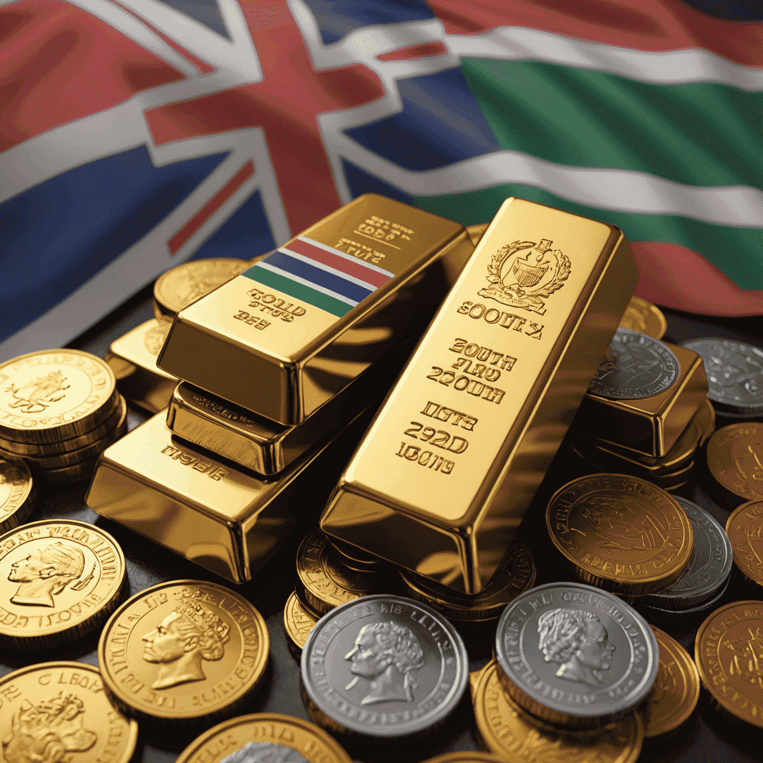 Gold bars and coins stacked, with a South African flag in the background