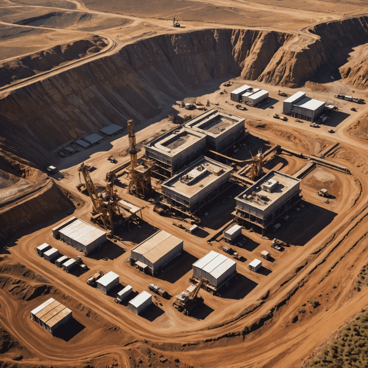 Aerial view of a large gold mine in South Africa, with mining equipment and workers visible