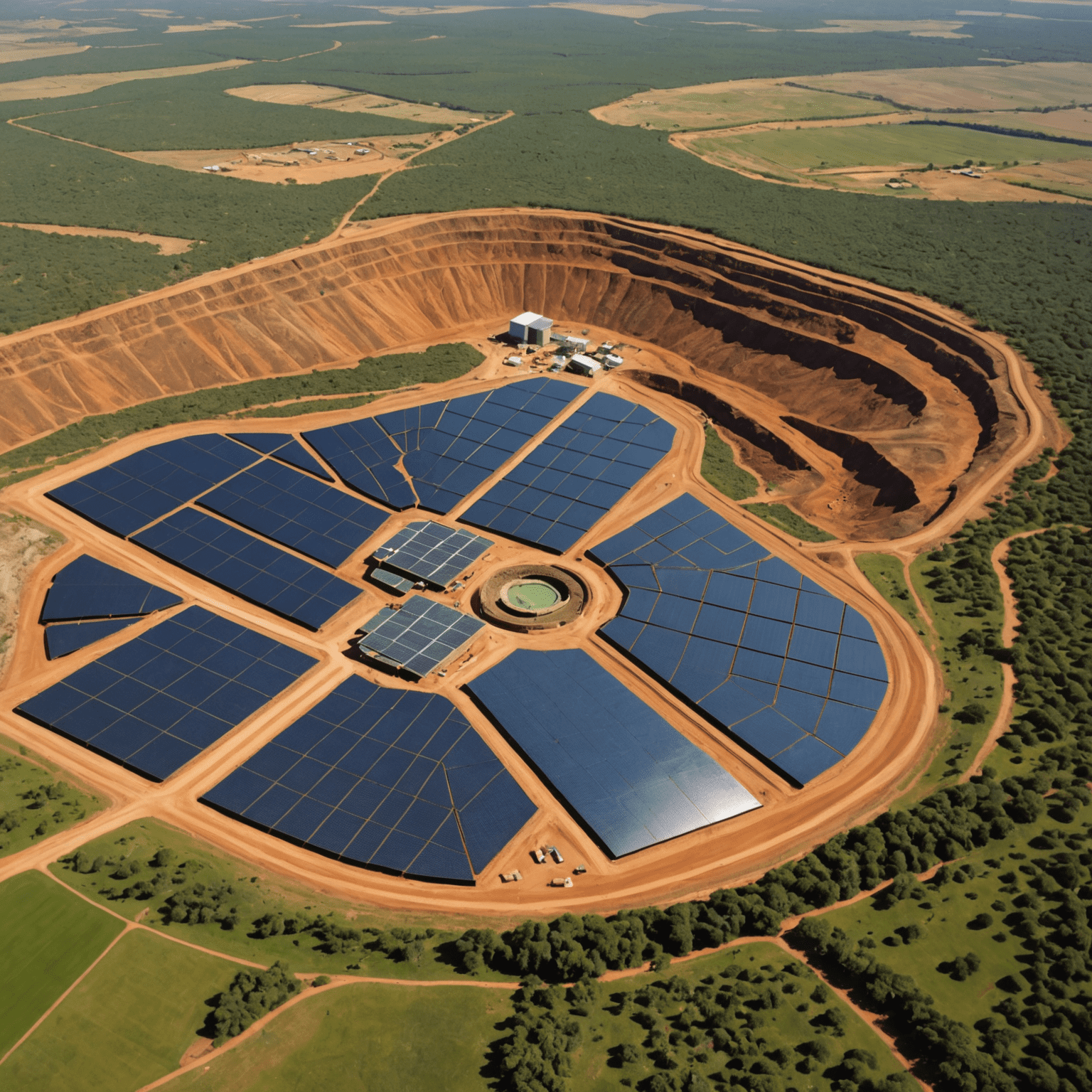 Aerial view of a gold mine in South Africa implementing sustainable practices such as solar panels, water recycling systems, and revegetation of mined areas