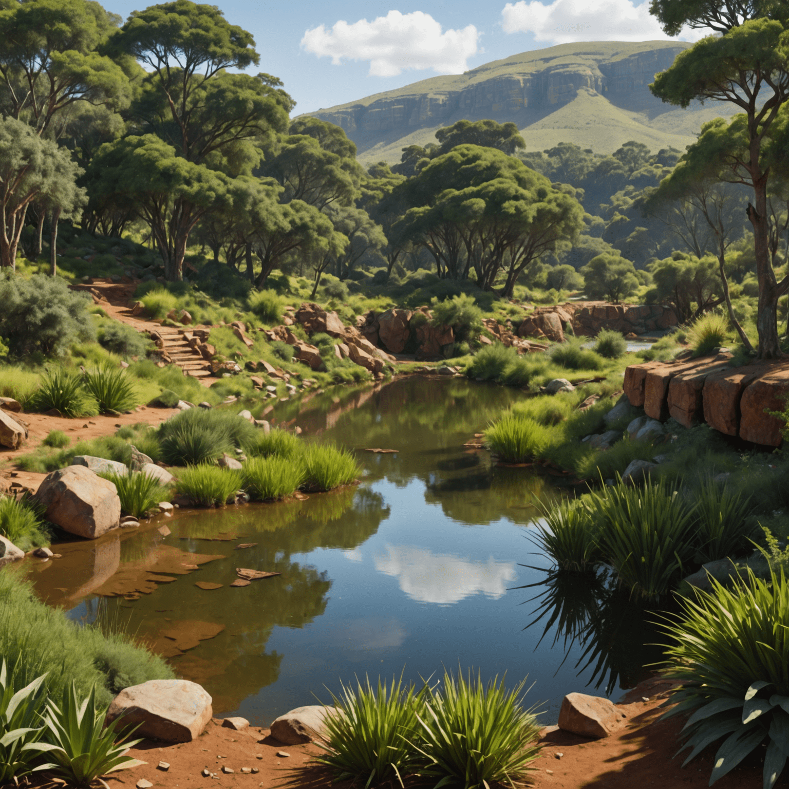 A reclaimed and revegetated former gold mining site in South Africa, with lush greenery and a small lake