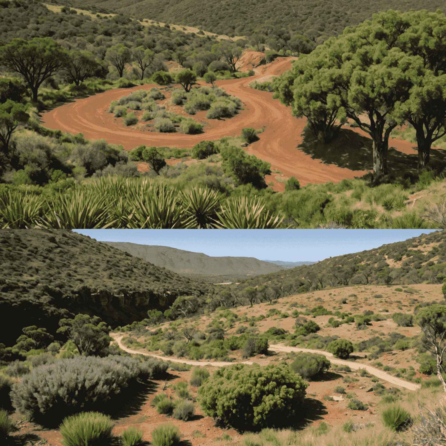 Before and after images showing the successful revegetation of a former gold mining site in South Africa, with native plants and trees thriving