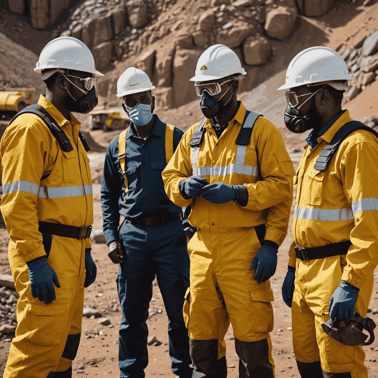 A group of gold mining experts in South Africa, dressed in protective gear and discussing plans at a mining site, showcasing their expertise and dedication to the industry.