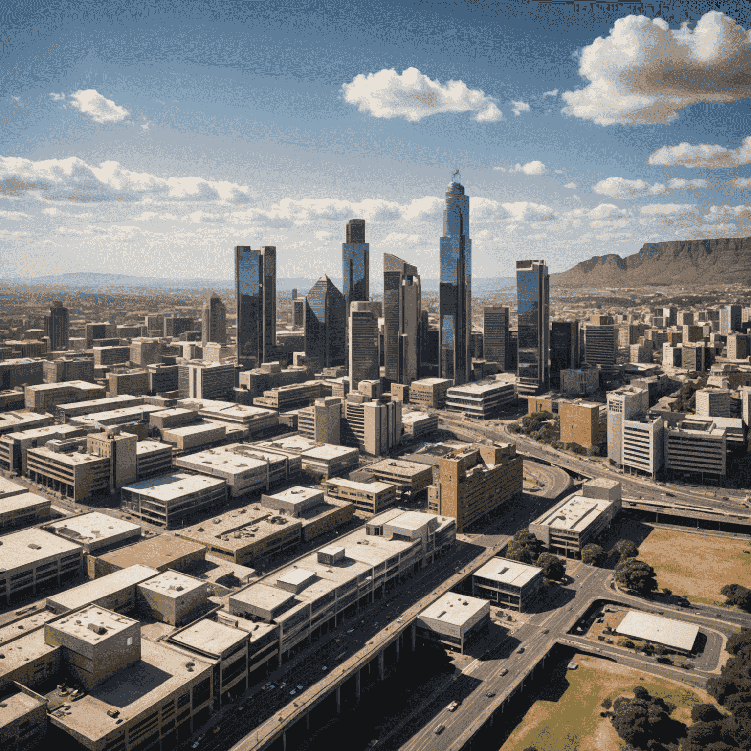 A bustling city skyline in South Africa, with modern buildings and infrastructure, symbolizing the country's economic development and the role of the gold mining industry in driving growth.