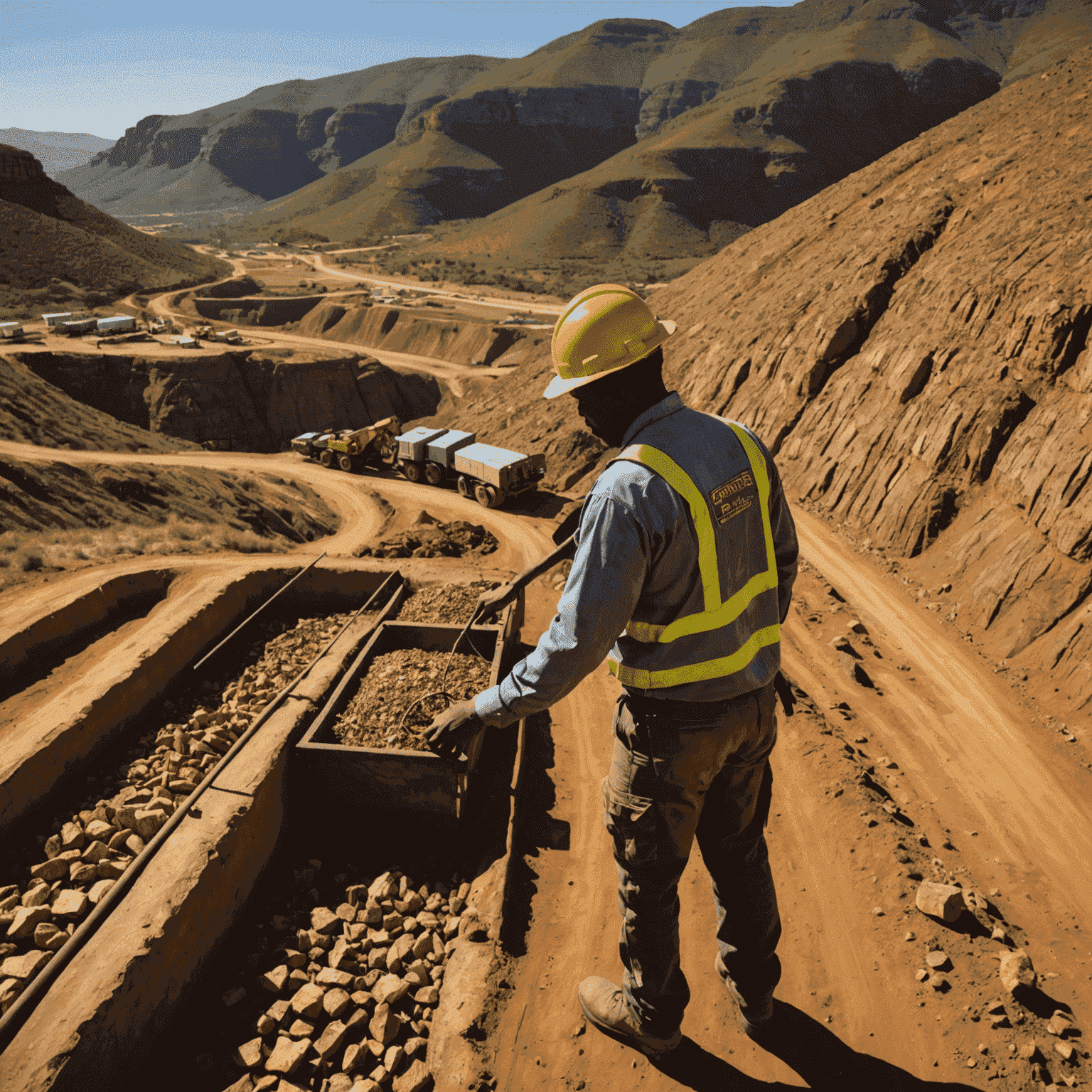 A gold mining operation in South Africa implementing sustainable practices, such as using renewable energy sources and minimizing environmental impact, showcasing the industry's commitment to responsible mining.